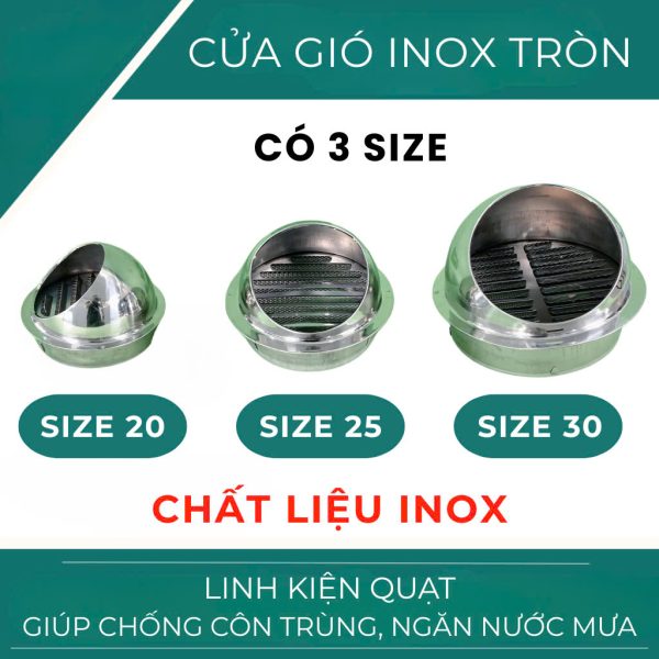 Cửa gió INOX tròn (Size 20CM/ 25CM/ 30CM) - Chống côn trùng, ngăn nước mưa