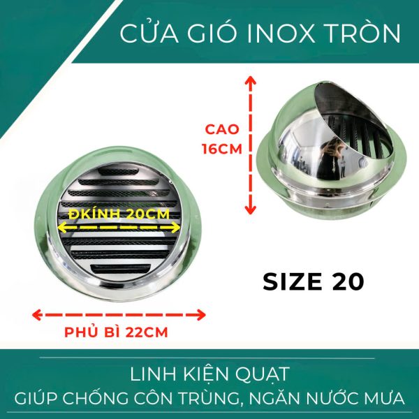 Cửa gió INOX tròn (Size 20CM/ 25CM/ 30CM) - Chống côn trùng, ngăn nước mưa - Hình ảnh 3